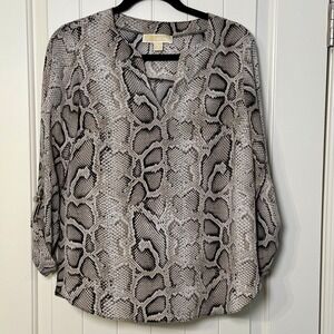 Michael Kors Snakeskin Print V-Neck Roll-Tab Sleeve Blouse Tan Black Small